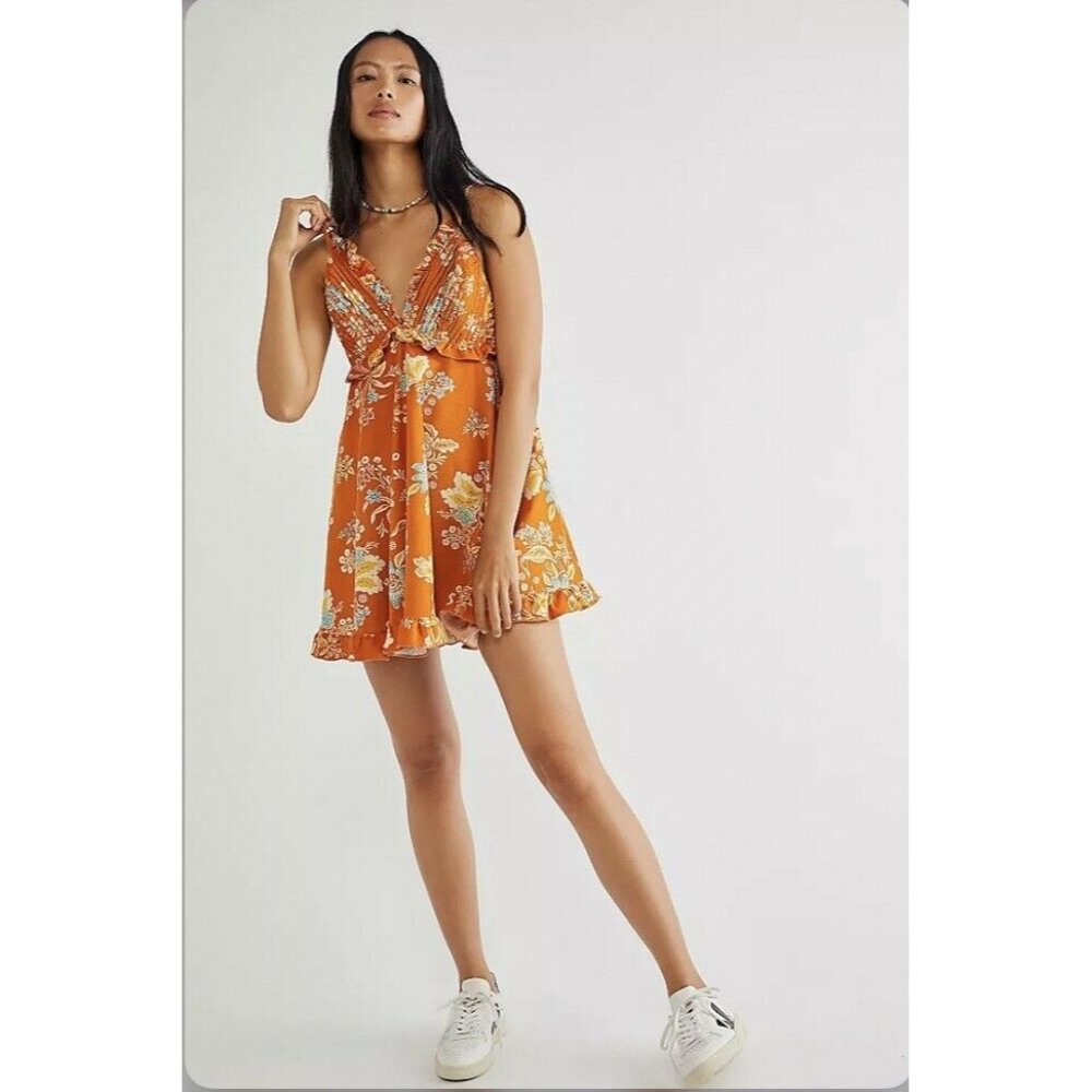 Free People Cord Looking Glass Mini Dress Orange Rust Combo Size Large NEW $128